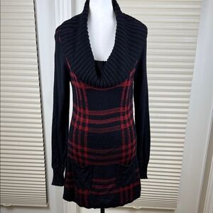 Le Chateau Black and Red Plaid Cowl Neck tunic Sweater